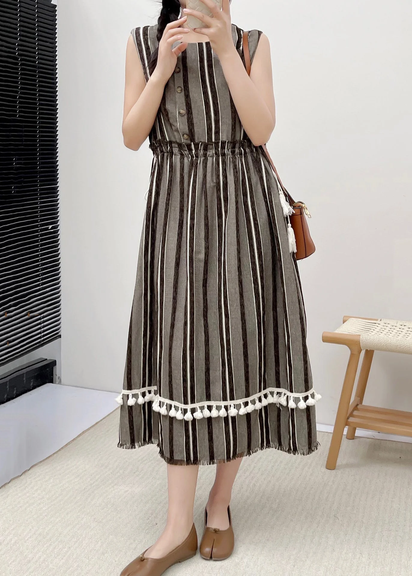 New Striped Ruffled Pockets Lace Up Cotton Dress Sleeveless - Image 3