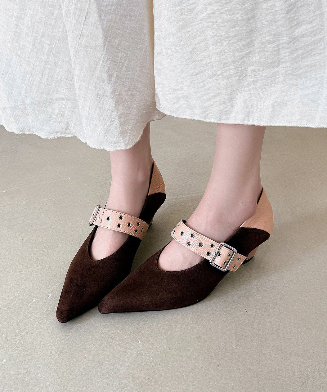 New Suede Splicing Chunky Heel Apricot Cowhide Leather Buckle Strap - Image 2