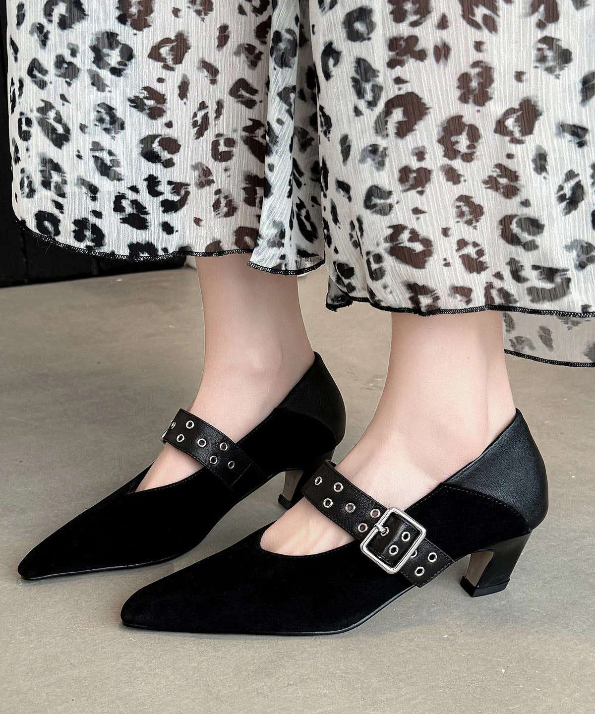 New Suede Splicing Chunky Heel Apricot Cowhide Leather Buckle Strap - Image 3
