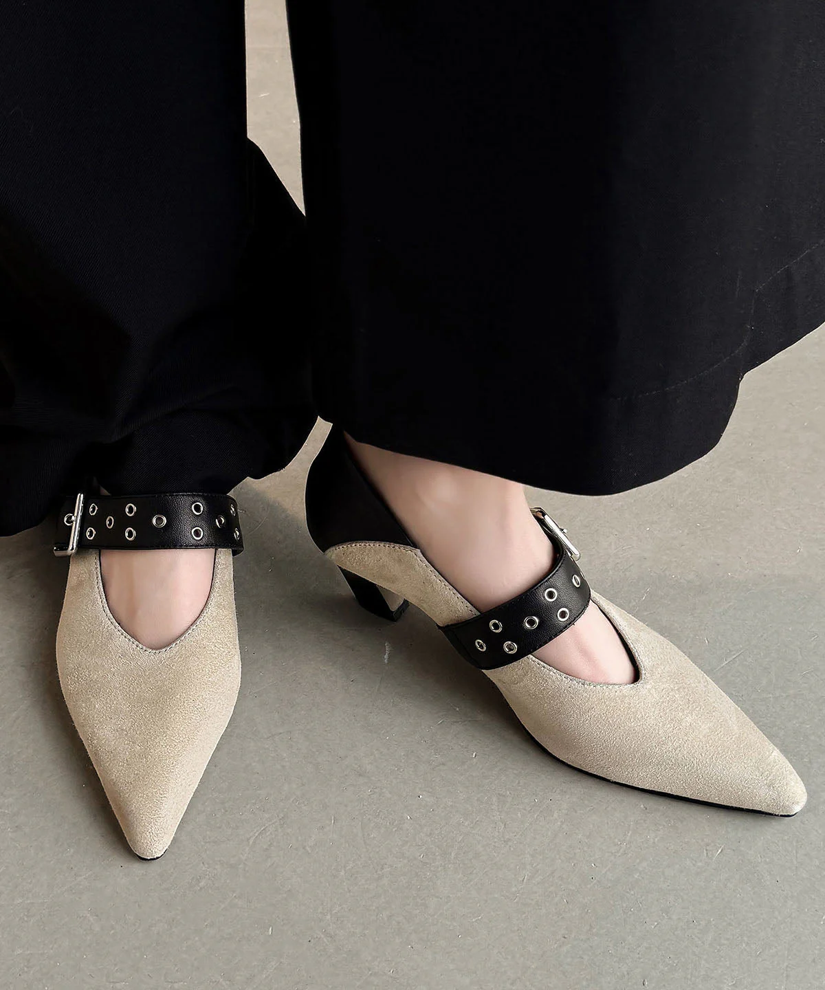 New Suede Splicing Chunky Heel Apricot Cowhide Leather Buckle Strap - Image 4