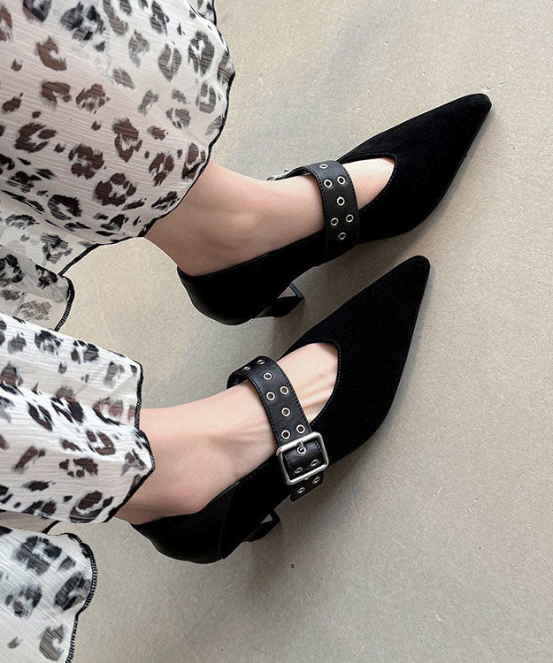 New Suede Splicing Chunky Heel Apricot Cowhide Leather Buckle Strap - Image 5
