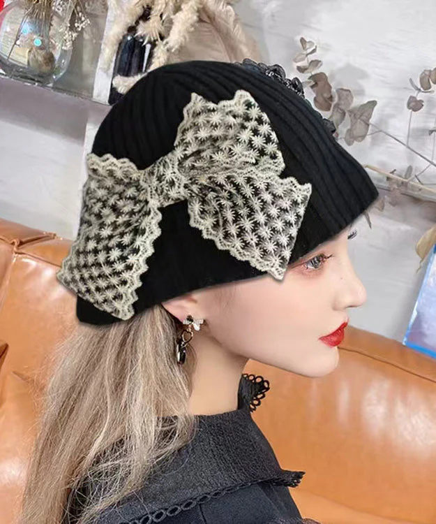 New Sweet Beige Lace Bow Knitted Bucket Hat - Image 2