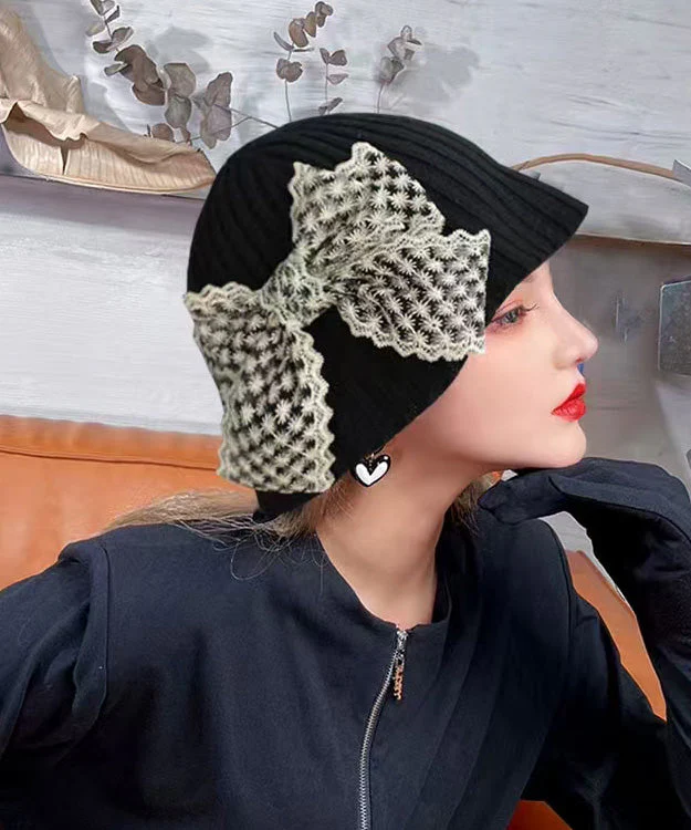 New Sweet Beige Lace Bow Knitted Bucket Hat - Image 3