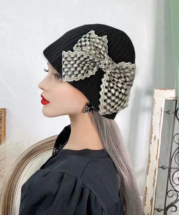 New Sweet Beige Lace Bow Knitted Bucket Hat - Image 4