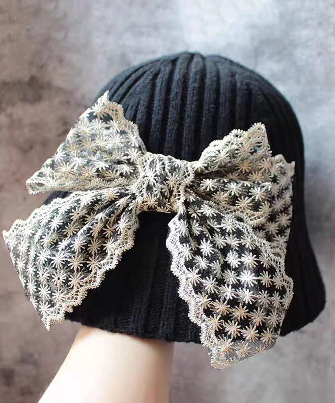 New Sweet Beige Lace Bow Knitted Bucket Hat - Image 5