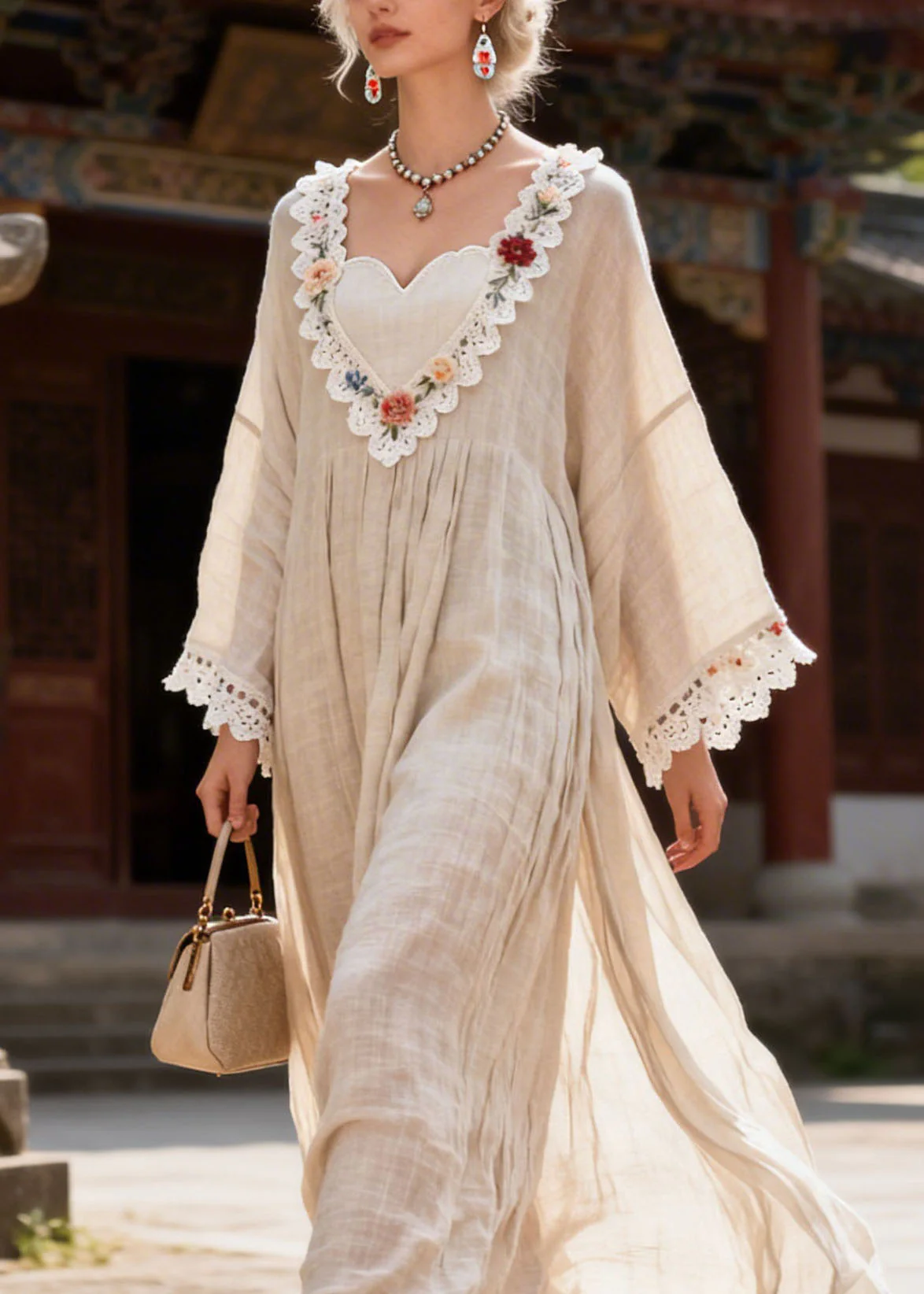 New V Neck Lace Floral Patchwork Cotton Dress Summer - Image 2