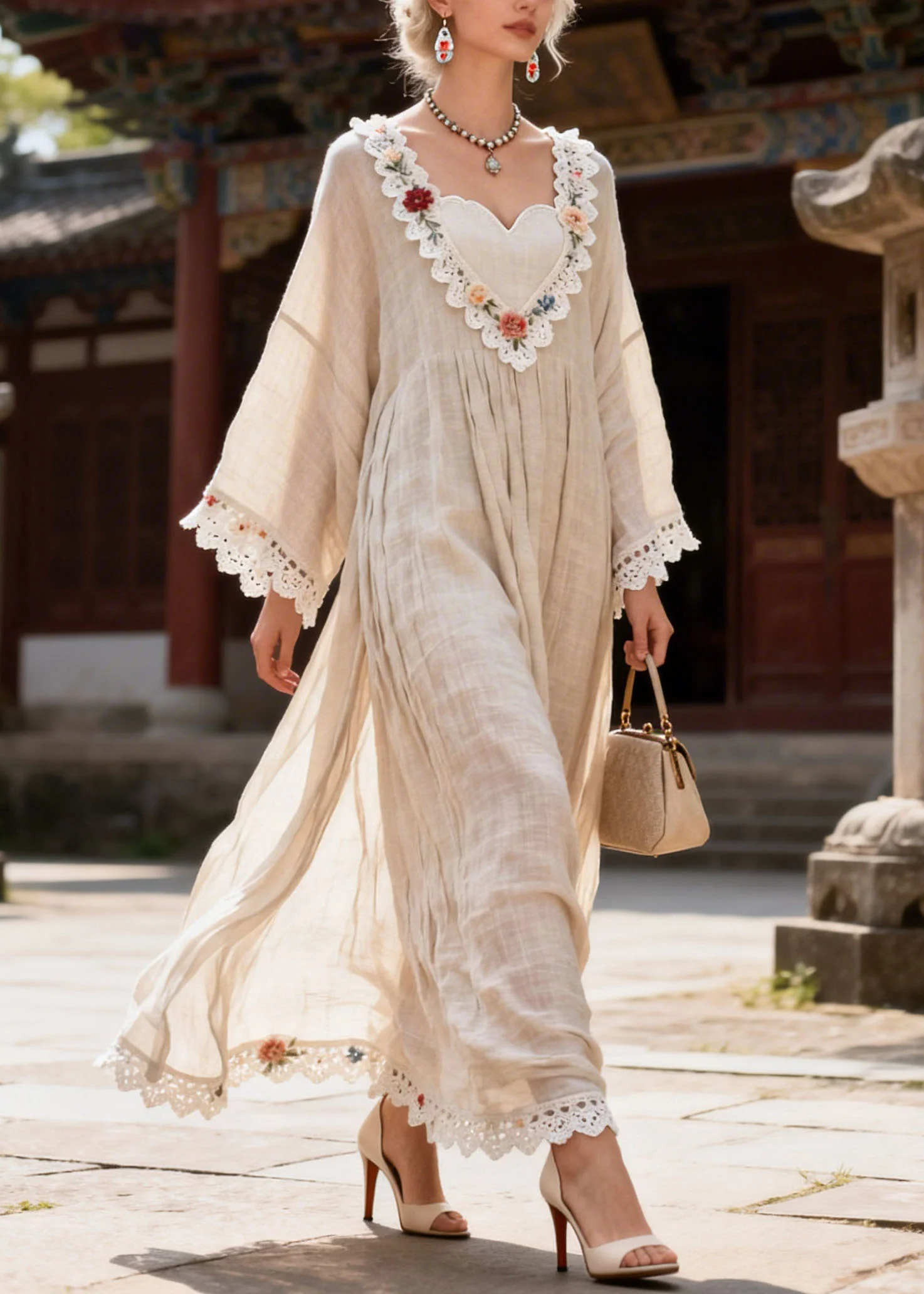 New V Neck Lace Floral Patchwork Cotton Dress Summer - Image 3