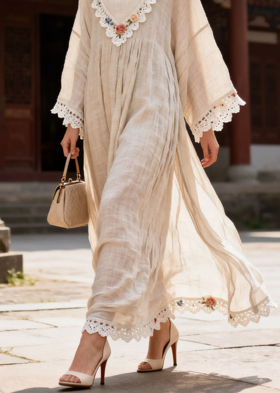 New V Neck Lace Floral Patchwork Cotton Dress Summer - Image 4