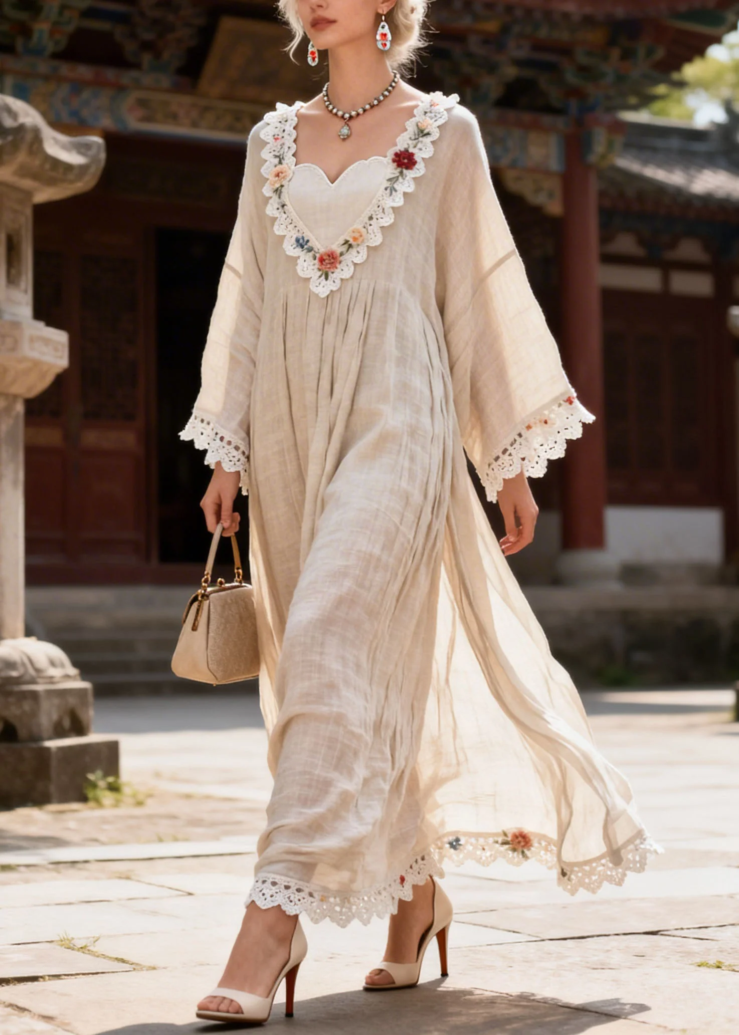 New V Neck Lace Floral Patchwork Cotton Dress Summer - Image 5