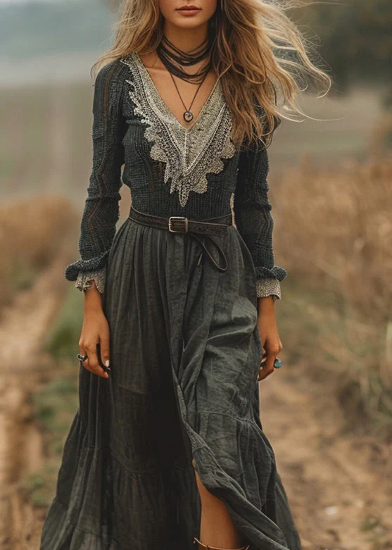 New V Neck Lace Patchwork Cotton Vacation Dress Spring - Image 2