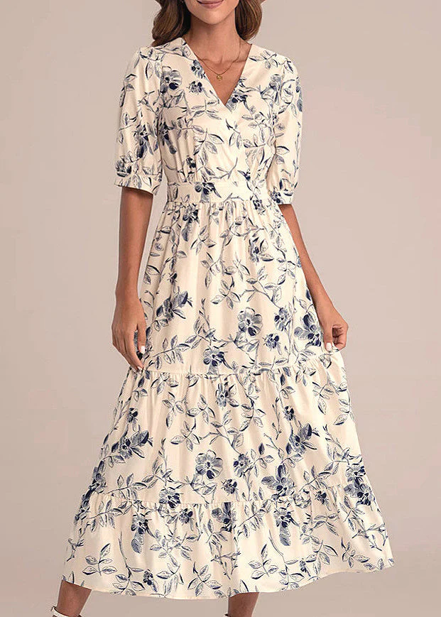 New V Neck Print High Waist Cotton Maxi Dress Summer