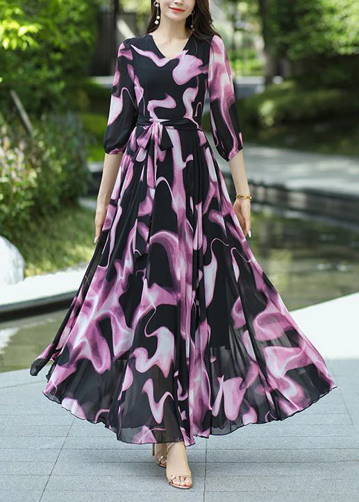 New V Neck Print Lace Up Chiffon Long Dress Summer - Image 2
