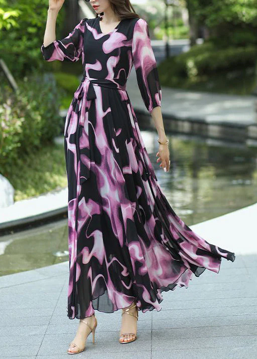New V Neck Print Lace Up Chiffon Long Dress Summer - Image 3