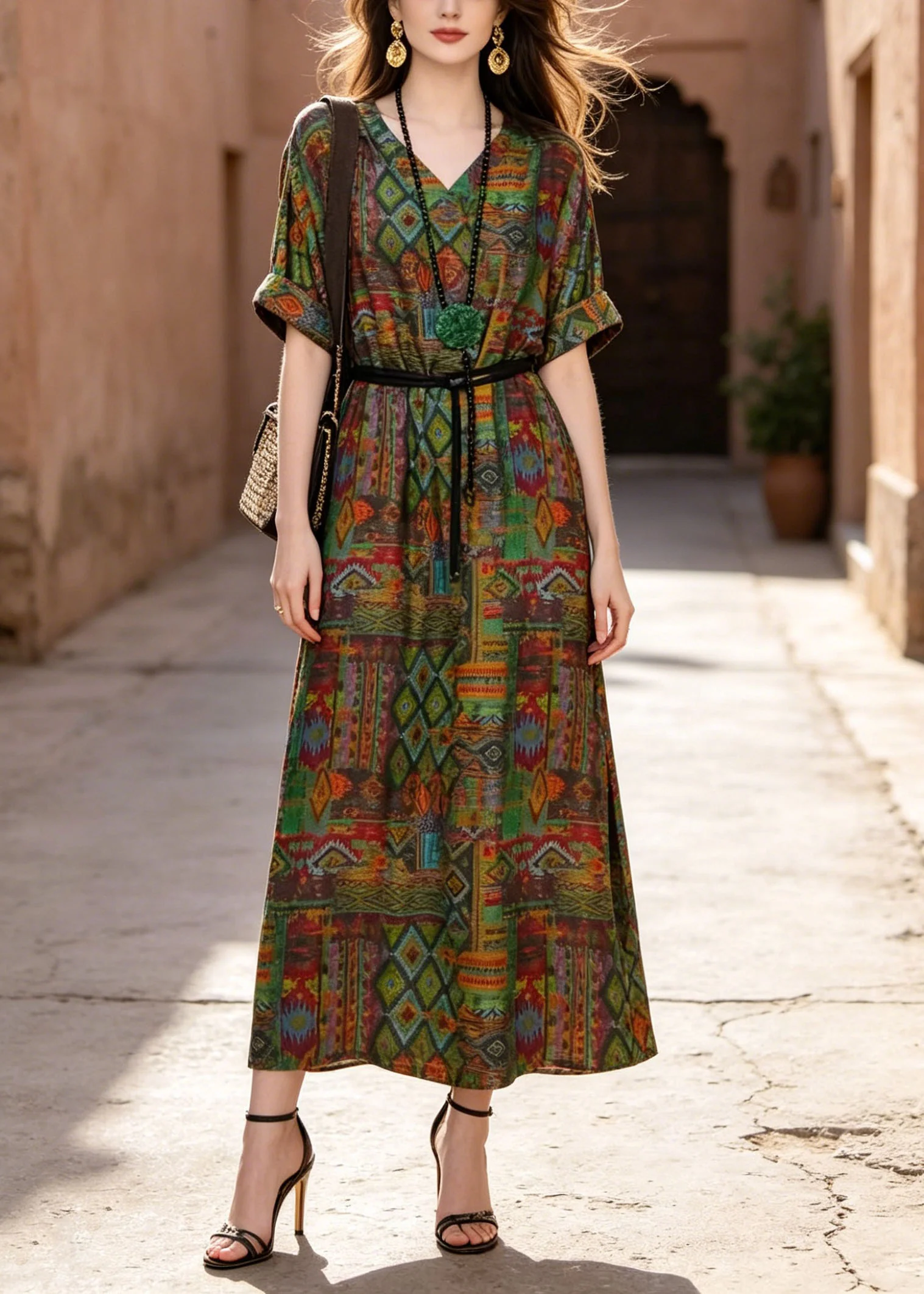 New V Neck Print Pockets Loose Cotton Maxi Dress Summer - Image 3