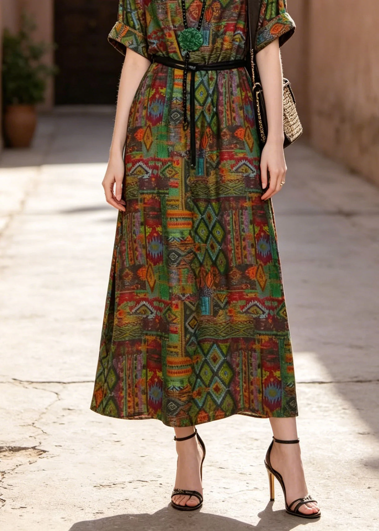 New V Neck Print Pockets Loose Cotton Maxi Dress Summer - Image 4