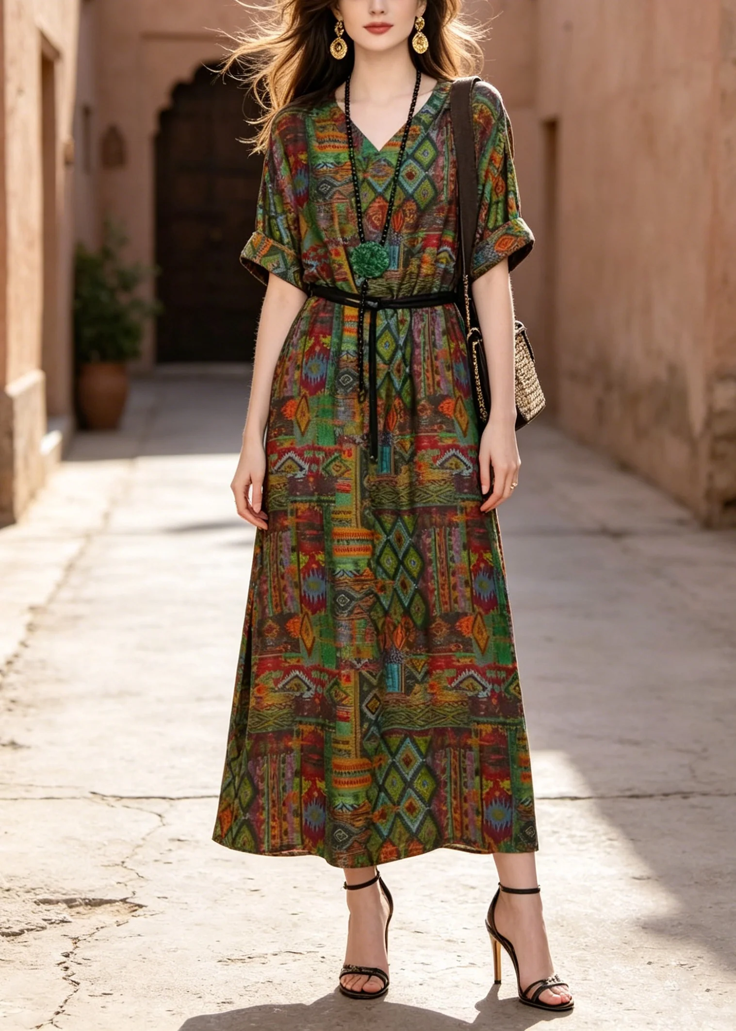 New V Neck Print Pockets Loose Cotton Maxi Dress Summer - Image 5