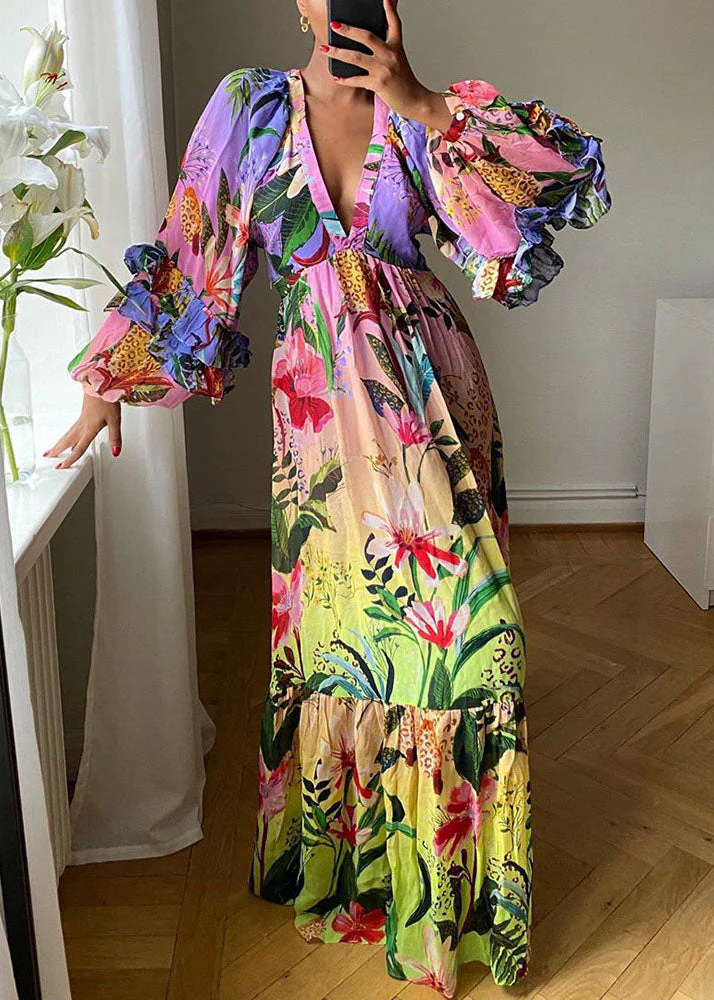 New V Neck Ruffled Print Patchwork Cotton Party Dress Spring - Image 2