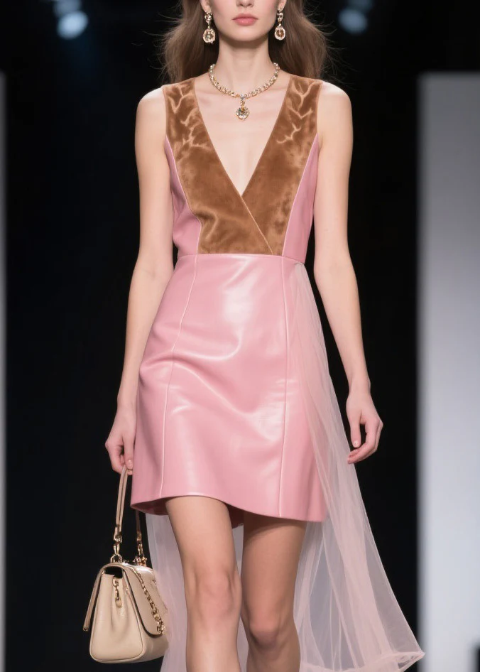 New V Neck Tulle Patchwork Faux Leather Mid Dresses Sleeveless - Image 2