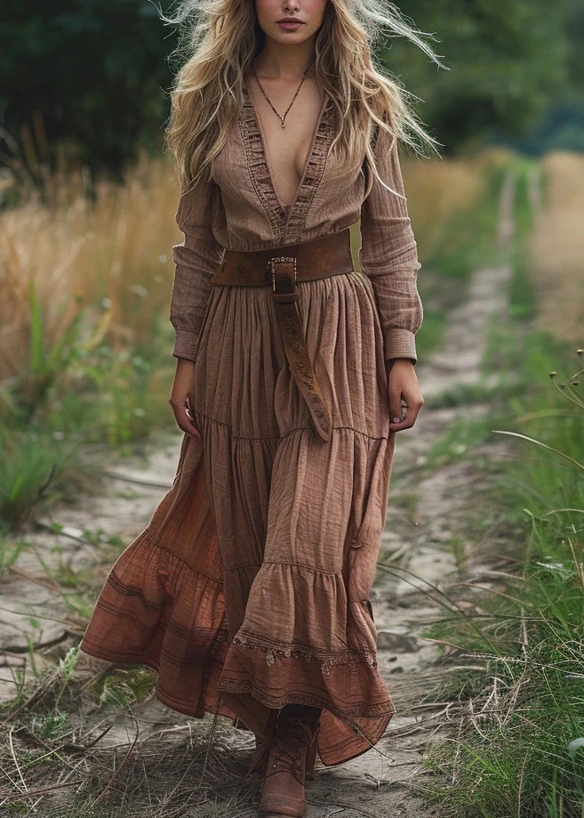 New V Neck Wrinkled Patchwork Cotton Maxi Dresses Spring - Image 3