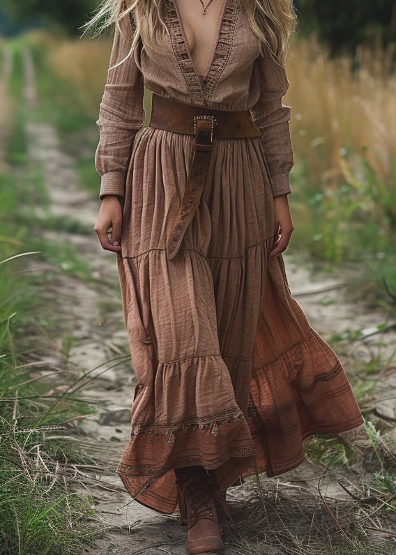 New V Neck Wrinkled Patchwork Cotton Maxi Dresses Spring - Image 4