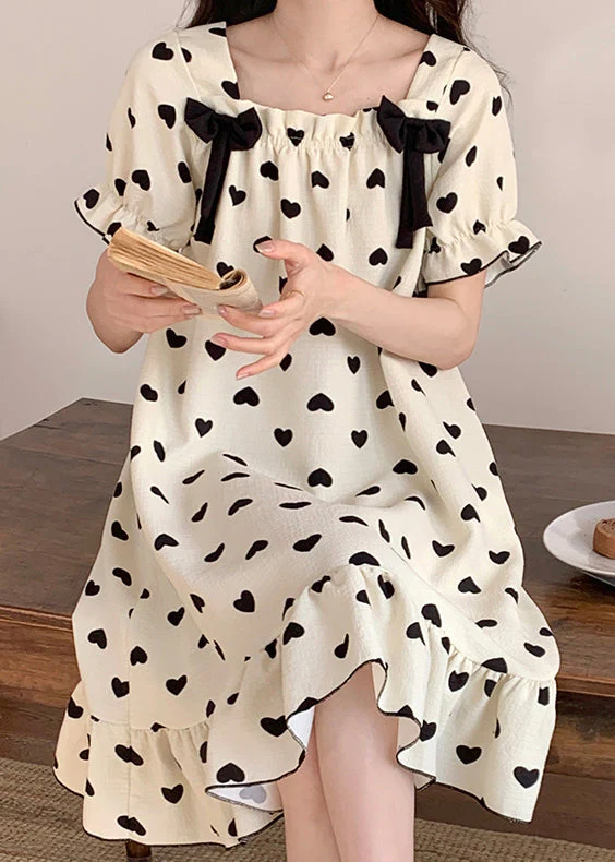 New White Bow Loving Heart Cotton Pajamas Long Dress Summer - Image 2