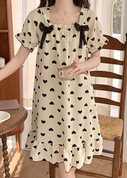 New White Bow Loving Heart Cotton Pajamas Long Dress Summer - Image 3