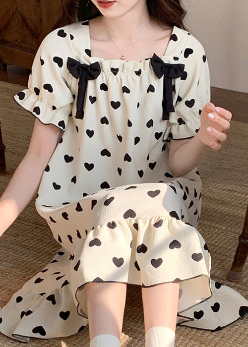 New White Bow Loving Heart Cotton Pajamas Long Dress Summer - Image 4