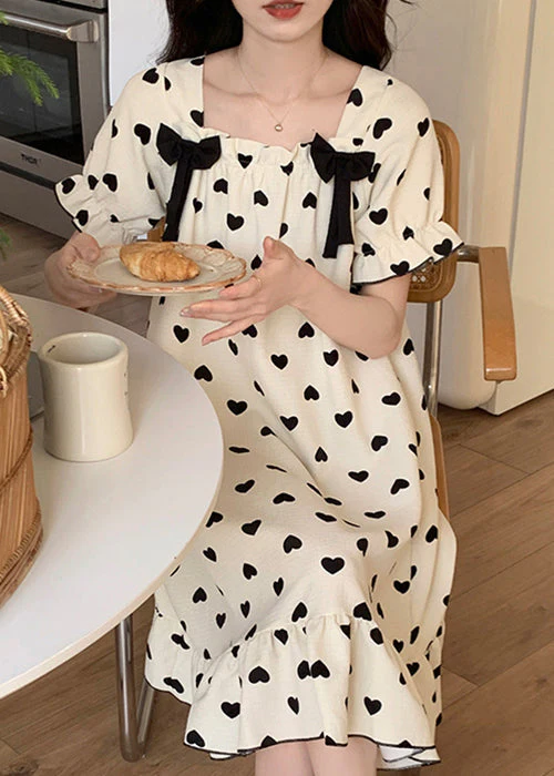 New White Bow Loving Heart Cotton Pajamas Long Dress Summer - Image 5