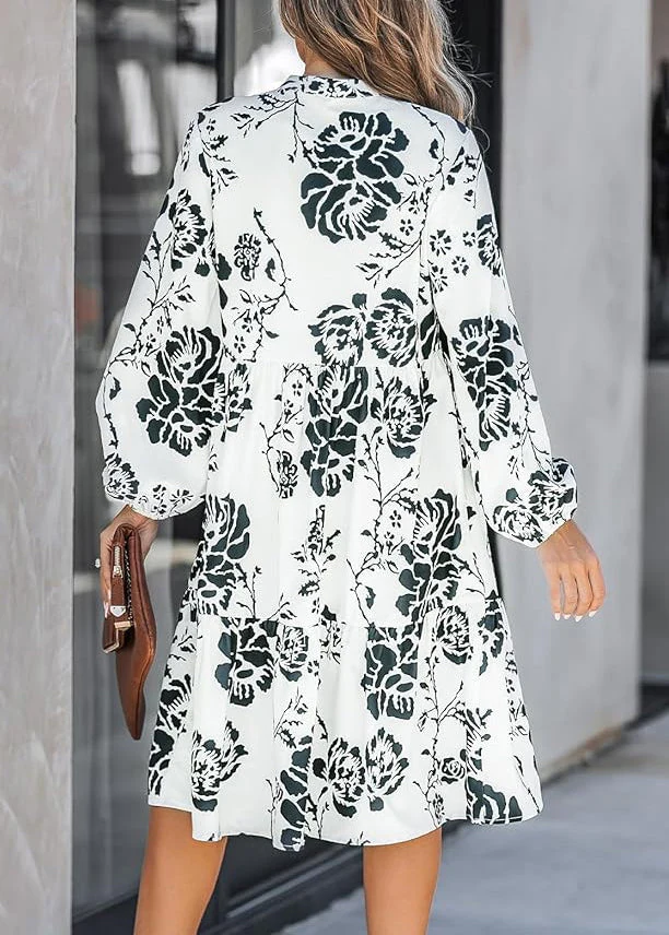 New White Button Print High Waist Cotton Dresses Long Sleeve - Image 3