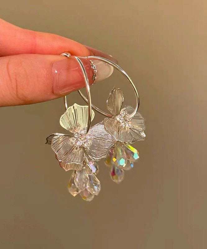 New White Copper Alloy Zircon Crystal Floral Hoop Earrings - Image 2