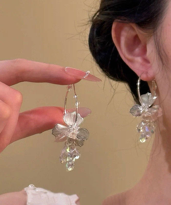 New White Copper Alloy Zircon Crystal Floral Hoop Earrings - Image 3
