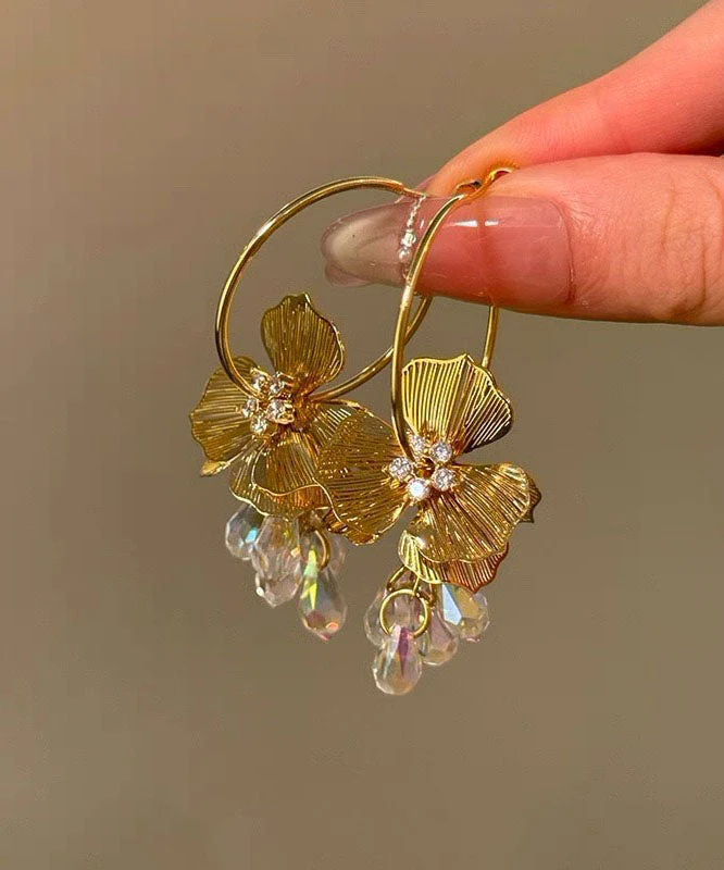 New White Copper Alloy Zircon Crystal Floral Hoop Earrings - Image 4