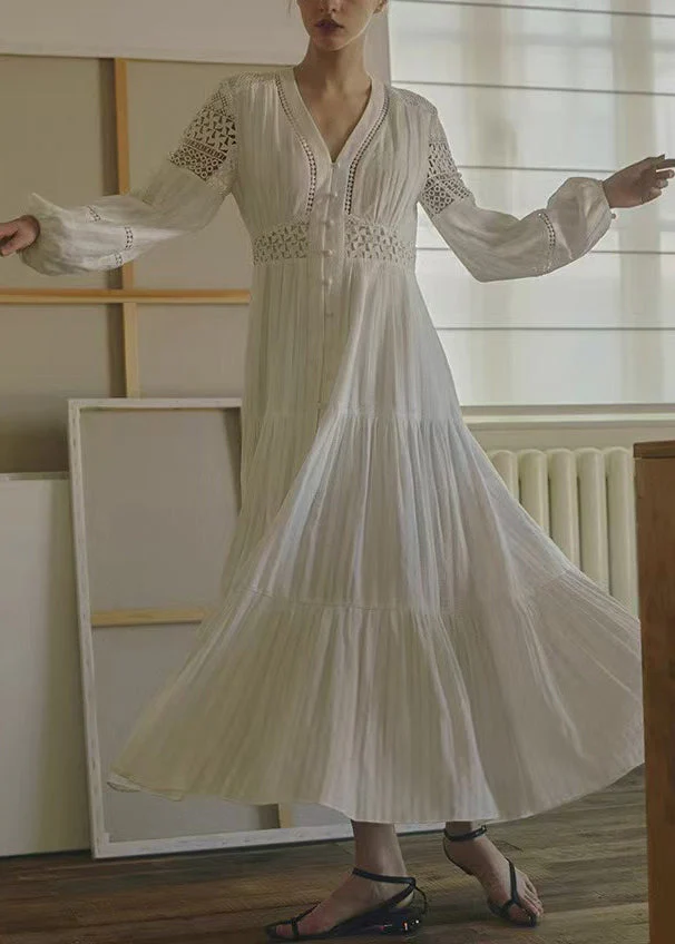 New White Hollow Out Button Cotton Blouses Dresses Spring