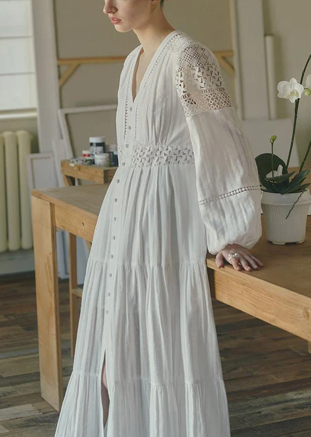 New White Hollow Out Button Cotton Blouses Dresses Spring - Image 3