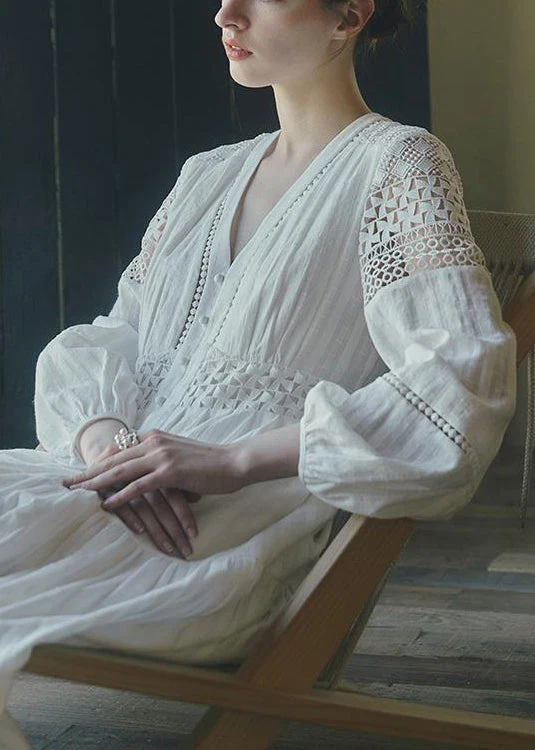 New White Hollow Out Button Cotton Blouses Dresses Spring - Image 4