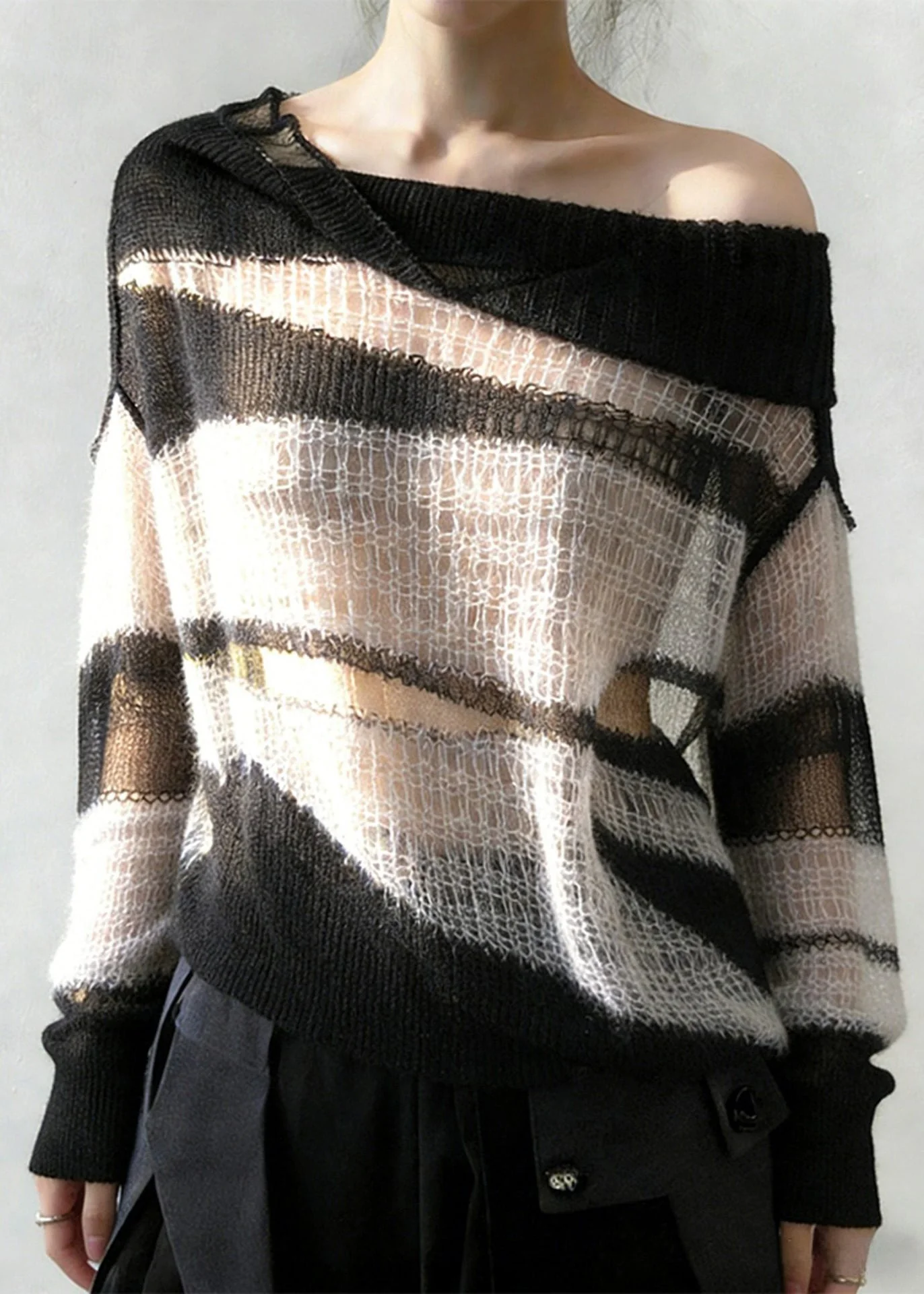 New White Hollow Out Cozy Patchwork Thin Knit Sweater Spring - Image 2