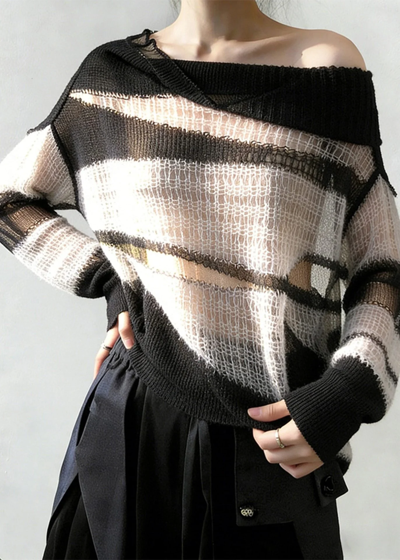 New White Hollow Out Cozy Patchwork Thin Knit Sweater Spring - Image 3