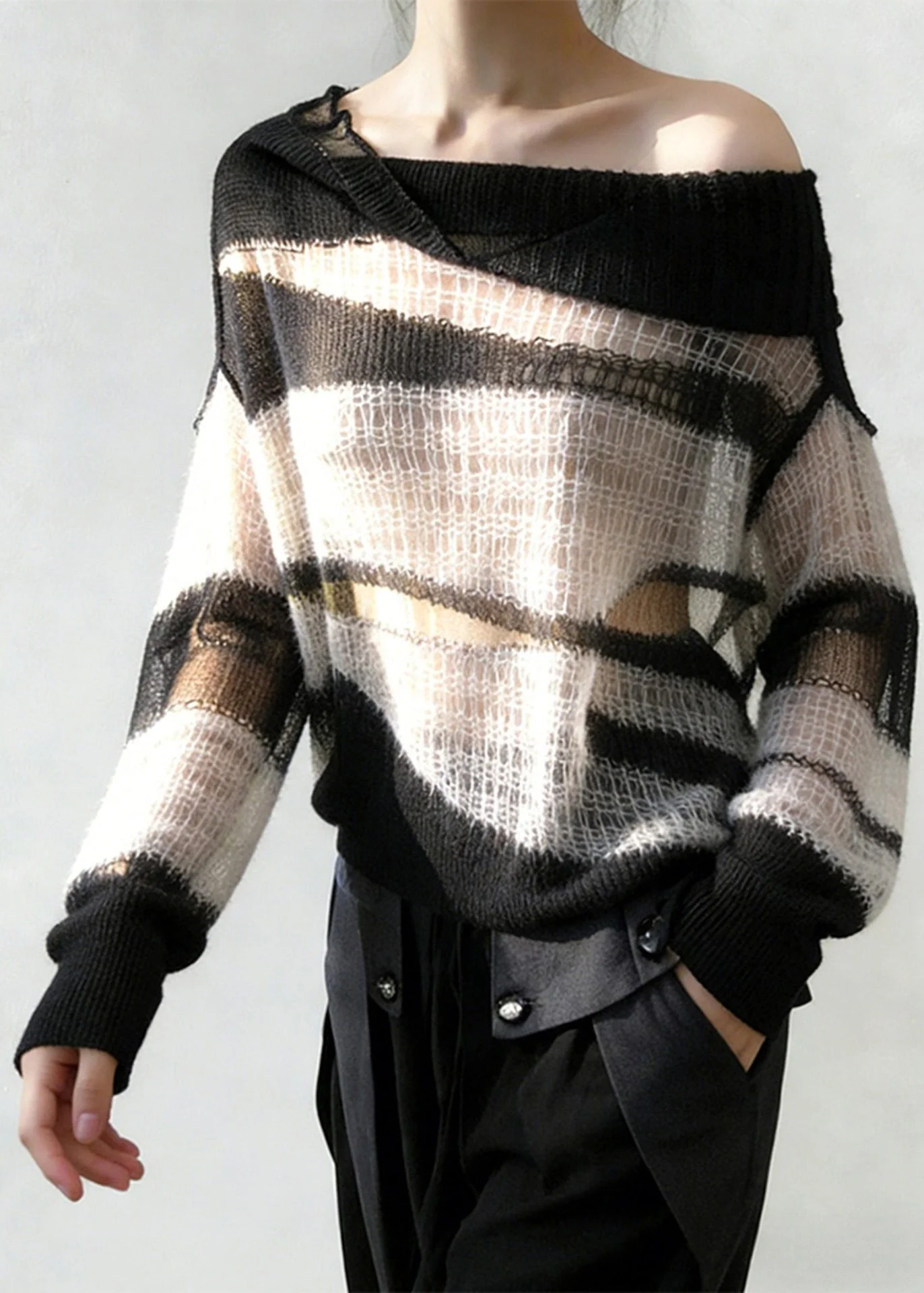 New White Hollow Out Cozy Patchwork Thin Knit Sweater Spring - Image 4