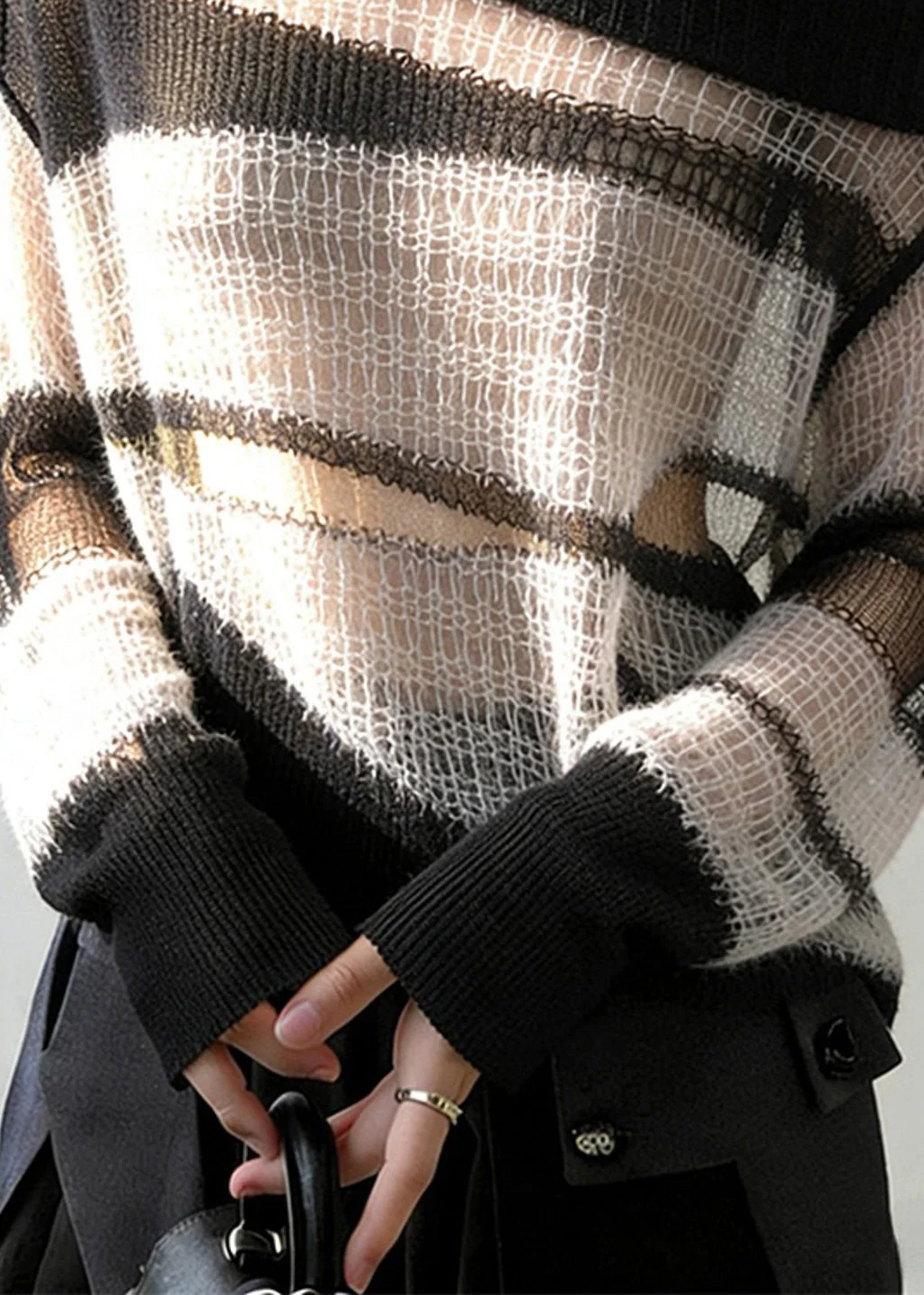 New White Hollow Out Cozy Patchwork Thin Knit Sweater Spring - Image 5