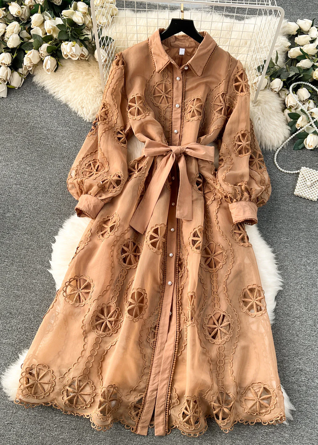 New White Hollow Out Tie Waist Cotton Shirts Dress Long Sleeve - Image 2