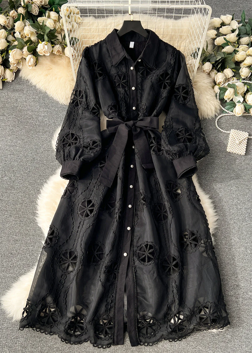 New White Hollow Out Tie Waist Cotton Shirts Dress Long Sleeve - Image 3