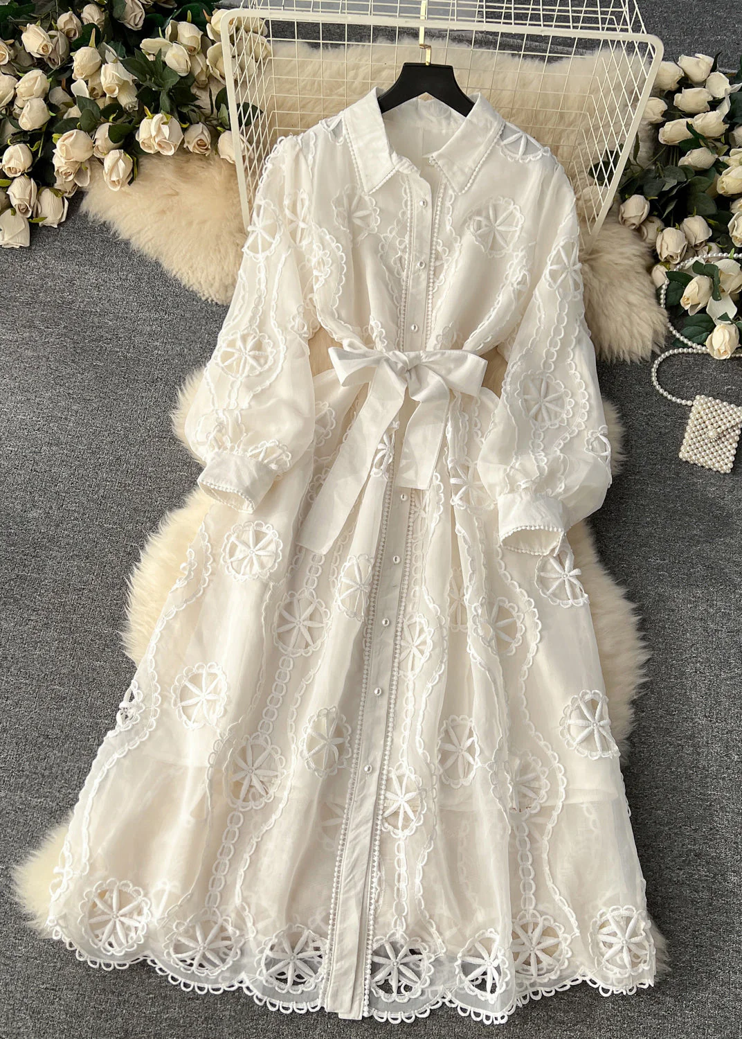 New White Hollow Out Tie Waist Cotton Shirts Dress Long Sleeve - Image 4