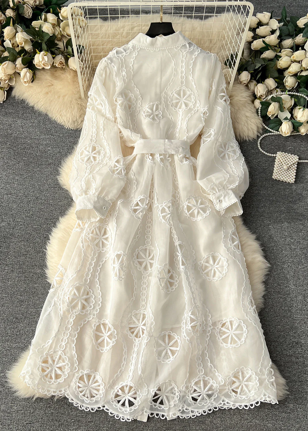 New White Hollow Out Tie Waist Cotton Shirts Dress Long Sleeve - Image 5