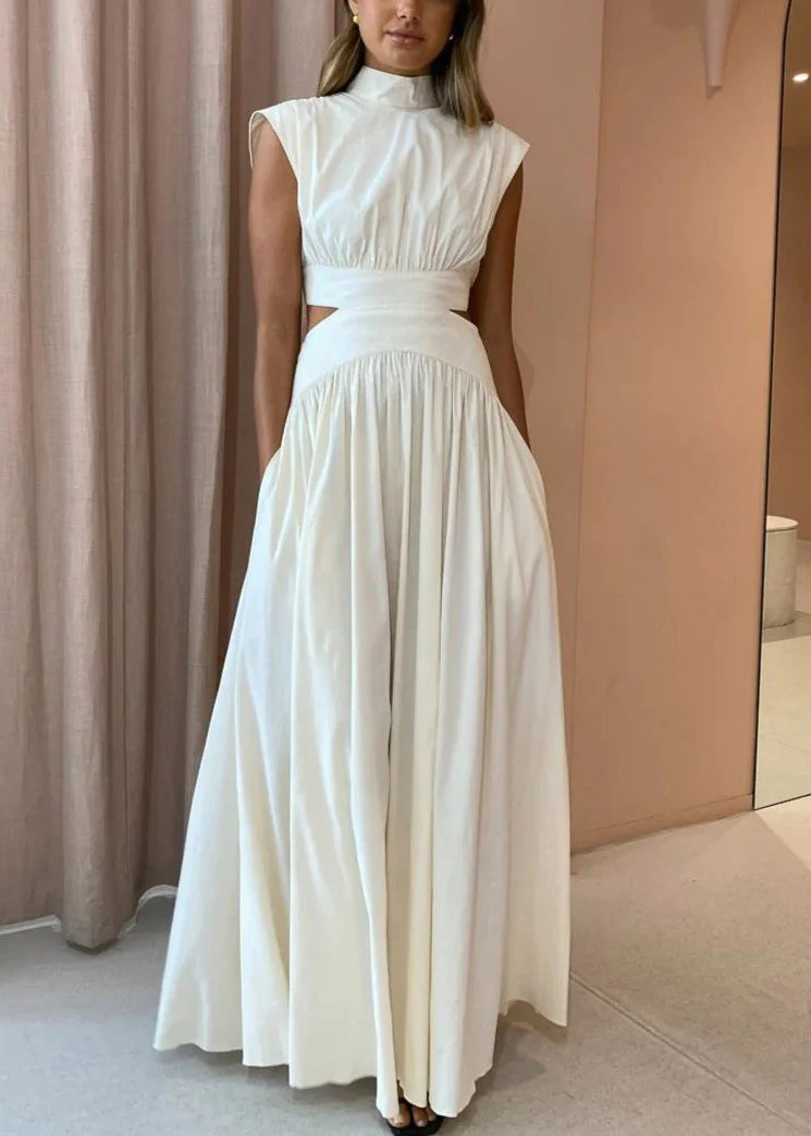 New White Hollow Out Wrinkled Pockets Cotton Maxi Dresses Summer - Image 2