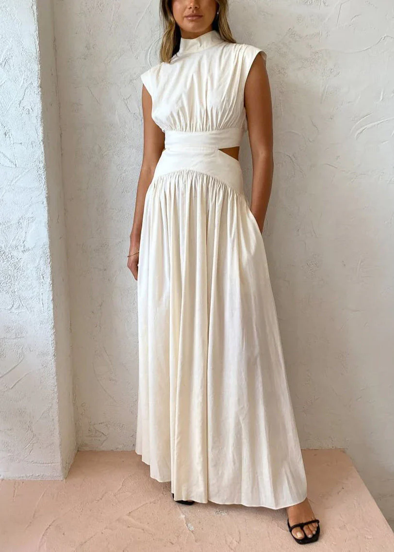 New White Hollow Out Wrinkled Pockets Cotton Maxi Dresses Summer - Image 3