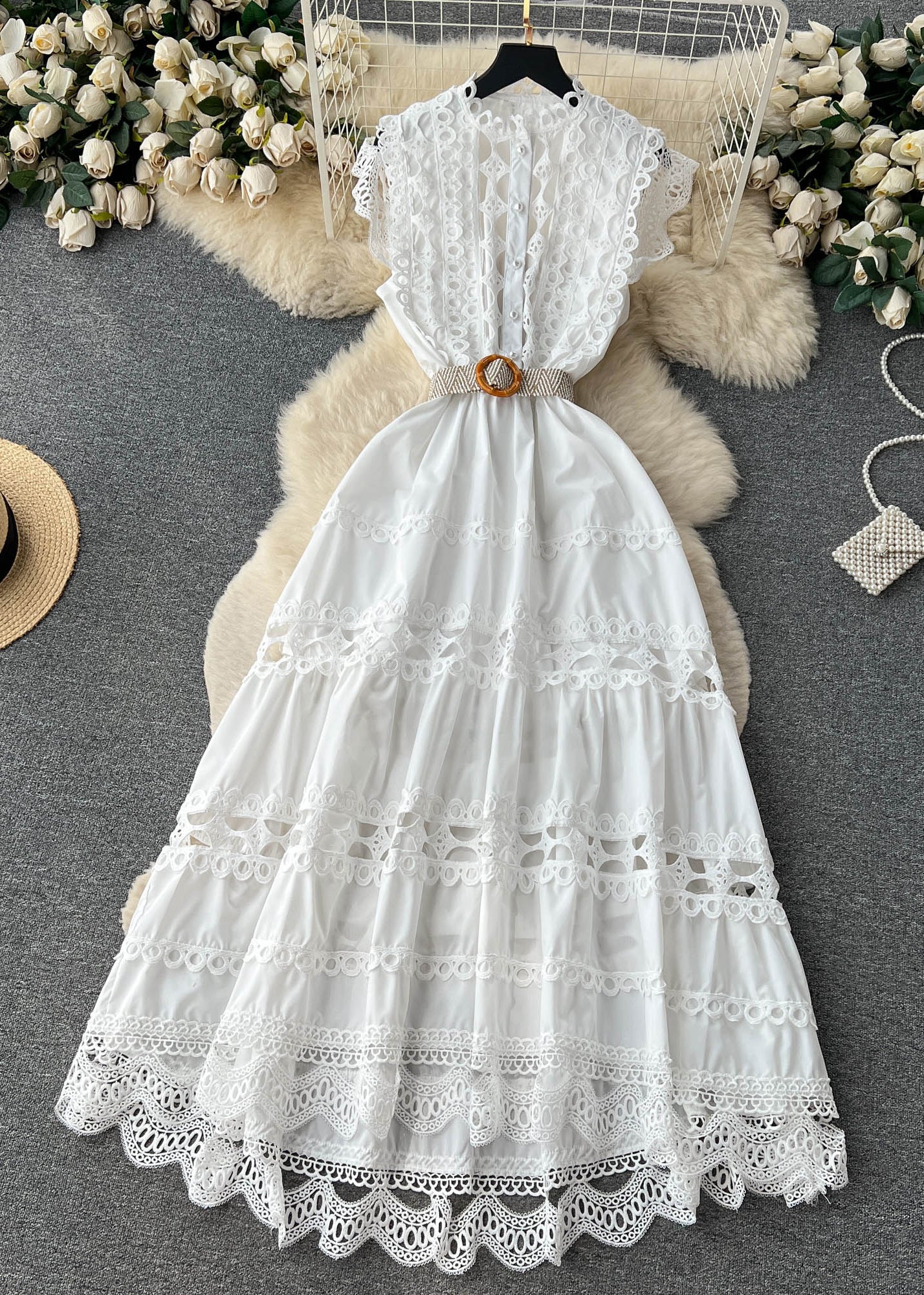 New White Lace Hollow Out Cotton Dress Sleeveless - Image 3