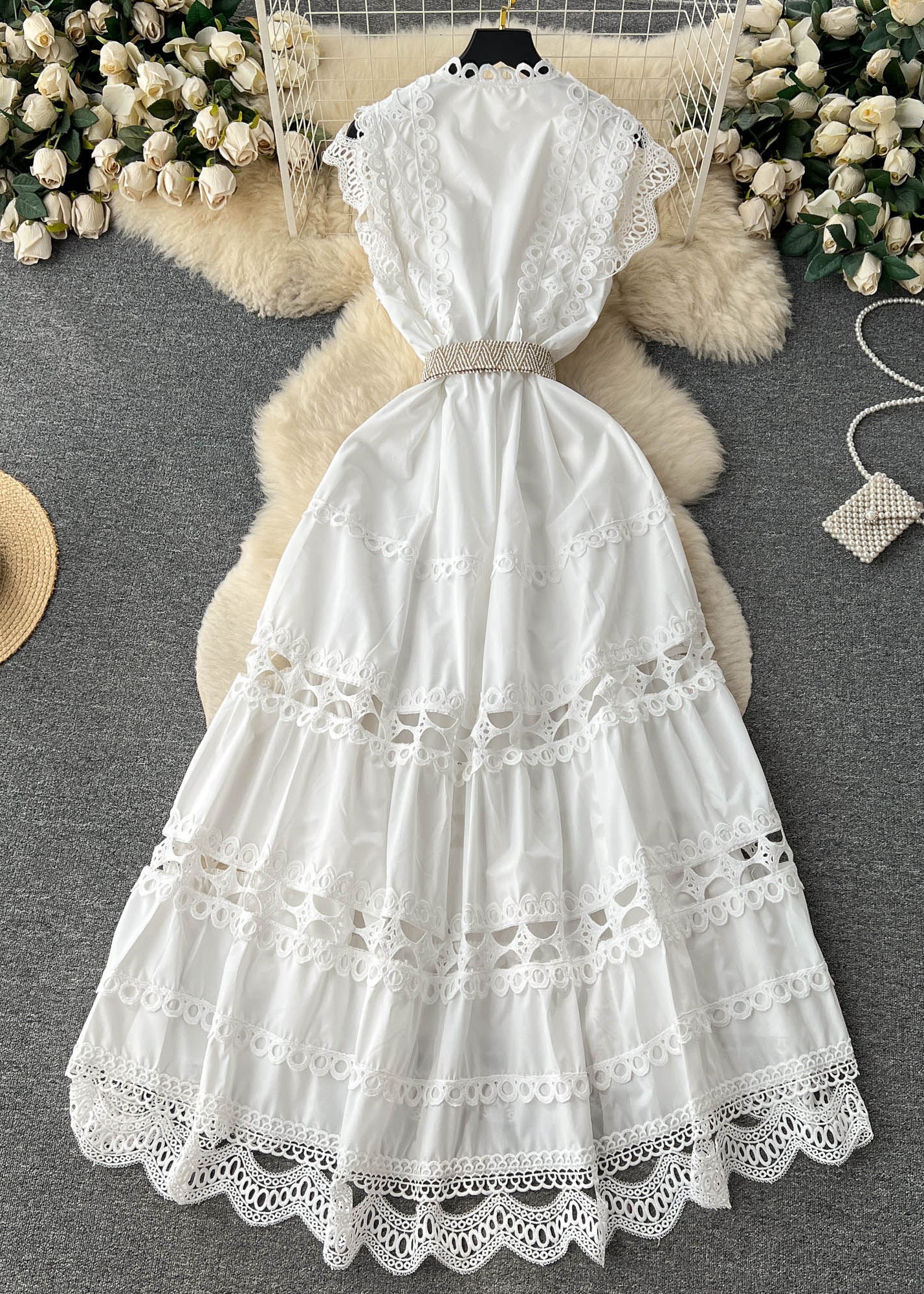 New White Lace Hollow Out Cotton Dress Sleeveless - Image 4