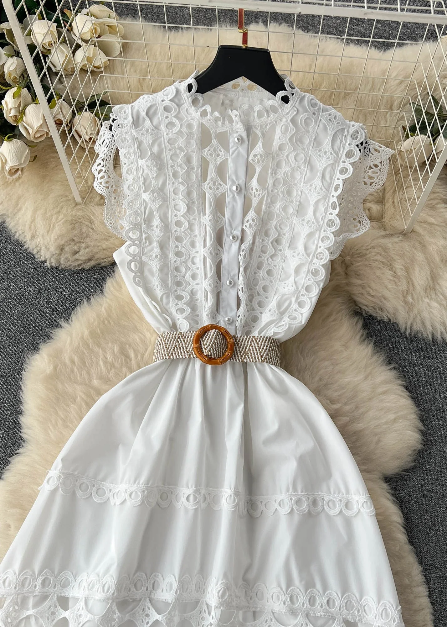 New White Lace Hollow Out Cotton Dress Sleeveless - Image 5
