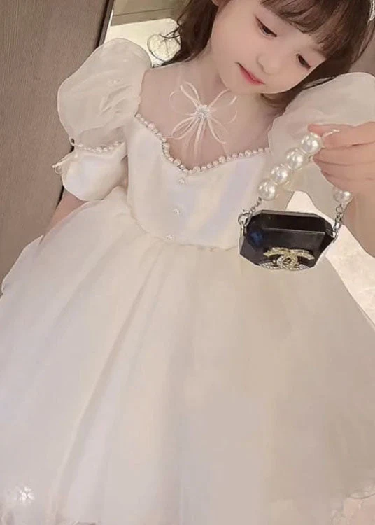 New White Nail Bead Bow Patchwork Tulle Baby Girls Princess Dresses Summer - Image 2