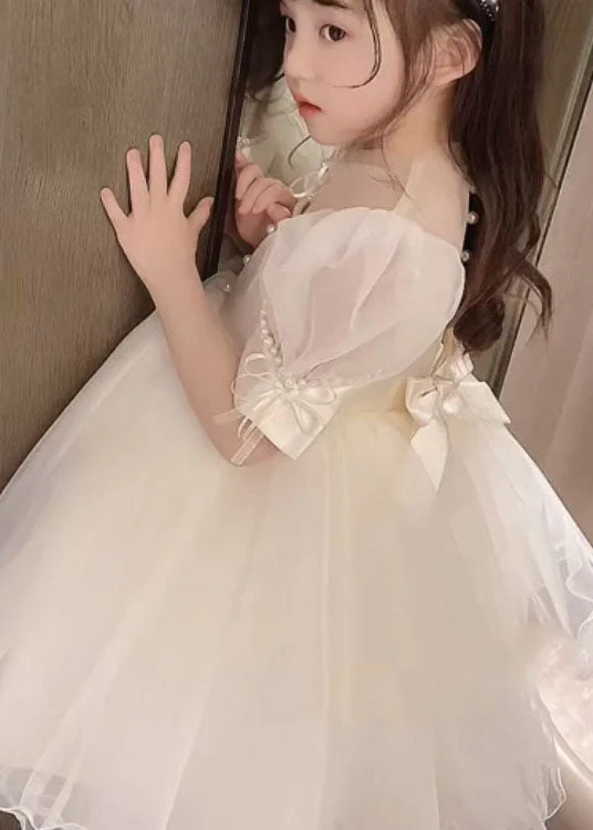 New White Nail Bead Bow Patchwork Tulle Baby Girls Princess Dresses Summer - Image 3